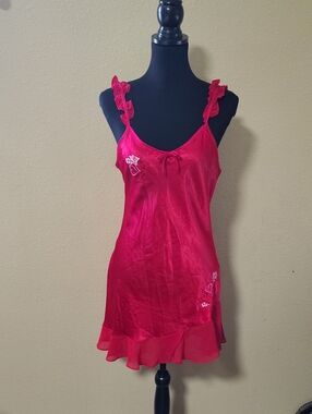 Vintage Enchanting Satin Floral Embroidered Ruffle Chemise Slip Dress Size M 90s